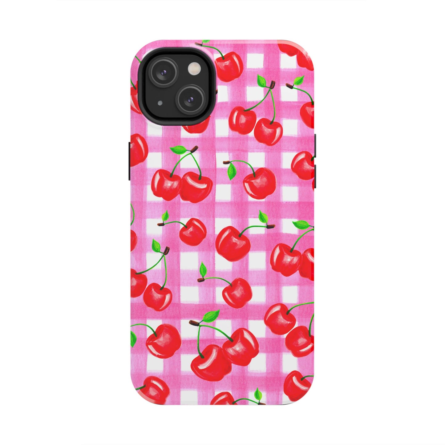 Tossed Red Watercolor Cherries Illustrated Pattern Light Pink Gingham Tough Phone Case | Various Models