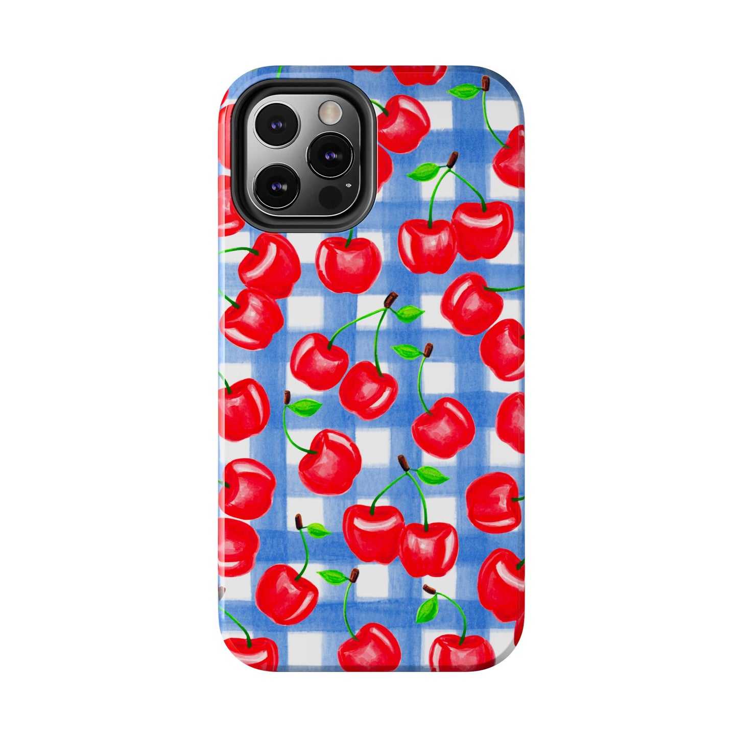 Tossed Red Cherries Blue Gingham Checkered Watercolor Illustrated Tough Phone Case | Various Models