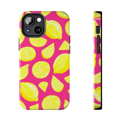 Bright Yellow Lemons Watercolor Illustrated Tossed Pattern Watermelon Pink Tough Phone Case | Various Models