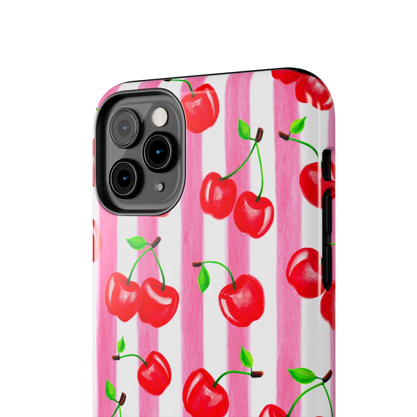 Tossed Red Watercolor Cherries Illustrated Pattern Light Pink Stripes Tough Phone Case | Various Models