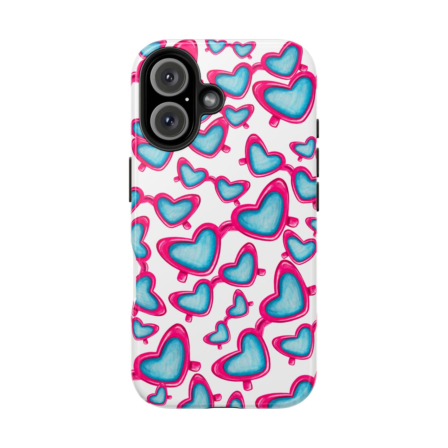 Pink & Blue Heart Shaped Sunglasses Watercolor Illustrated Tossed Pattern Tough Case | Various Models iPhone 16