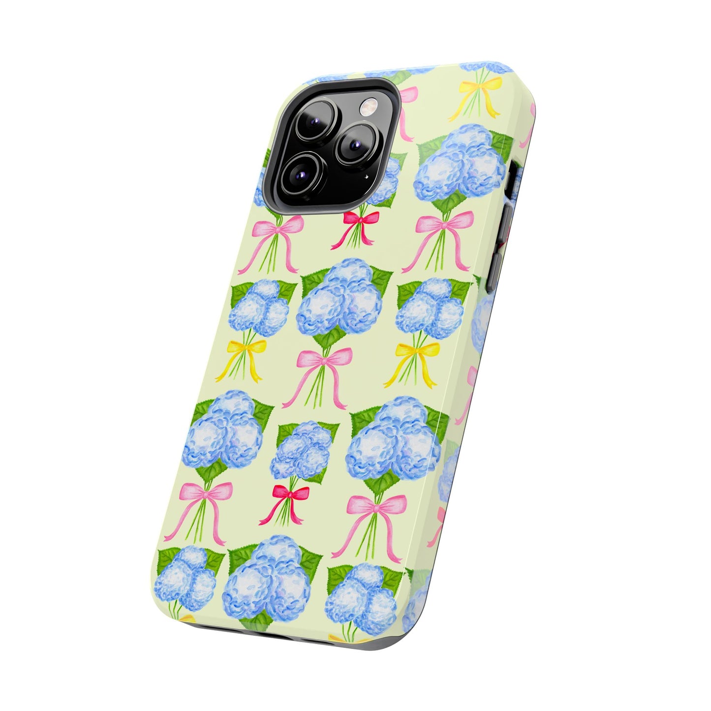 Blue Hydrangeas with Hot Pink, Yellow, Light Pink Bows Watercolor Illustrated Patterned Light Yellow Tough Phone Case | Various Models