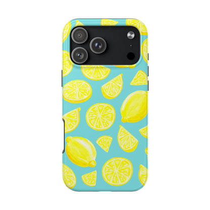Bright Yellow Lemons Watercolor Illustrated Tossed Pattern Turquoise Blue Tough Phone Case | Various Models