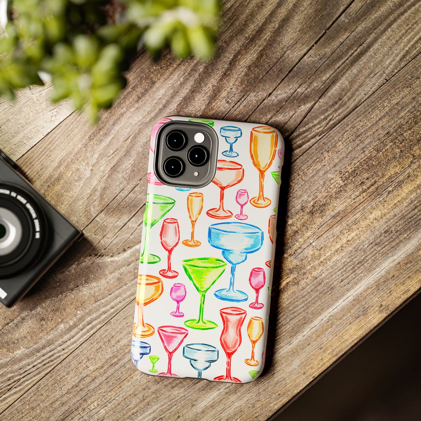 Monochromatic Margarita, Wine, Martini, and Champagne Flute Cocktail Glasses Watercolor Illustrated Tough Phone Case | Various Models Available