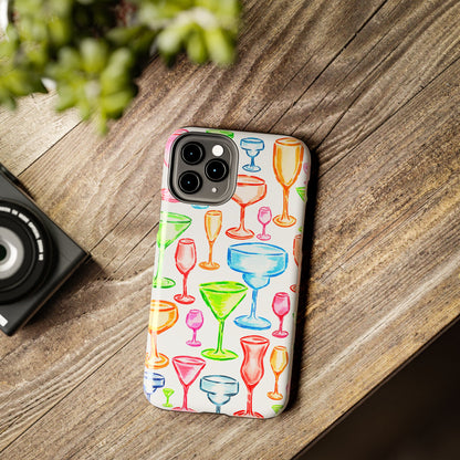 Monochromatic Margarita, Wine, Martini, and Champagne Flute Cocktail Glasses Watercolor Illustrated Tough Phone Case | Various Models Available