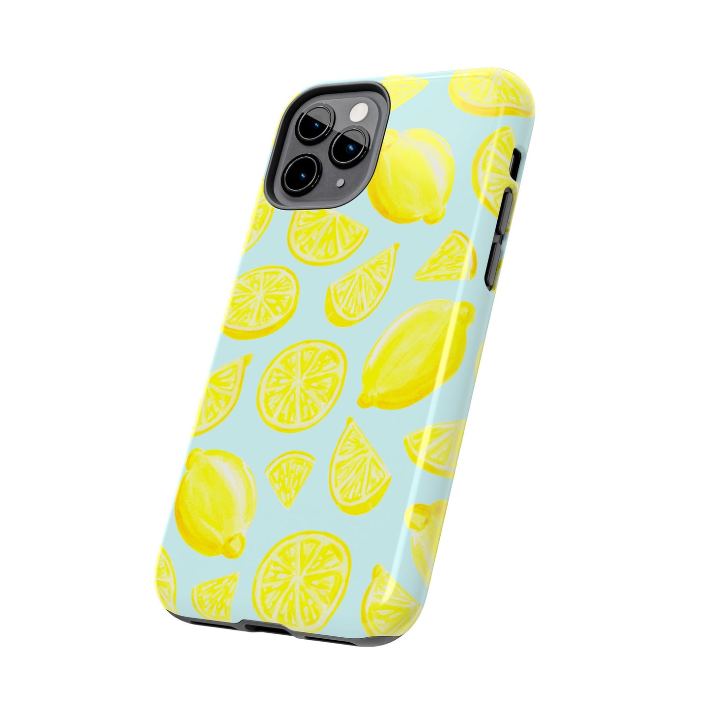Bright Yellow Lemons Watercolor Illustrated Tossed Pattern Light Blue Tough Phone Case | Various Models