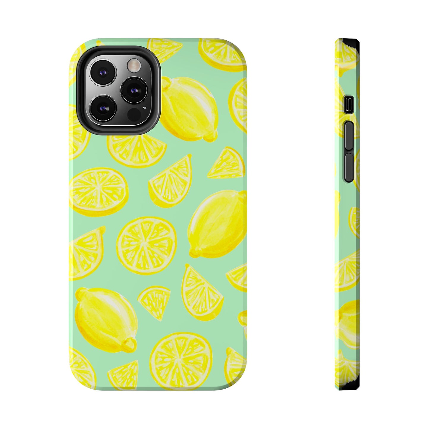 Bright Yellow Lemons Watercolor Illustrated Tossed Pattern Mint Green Tough Phone Case | Various Models