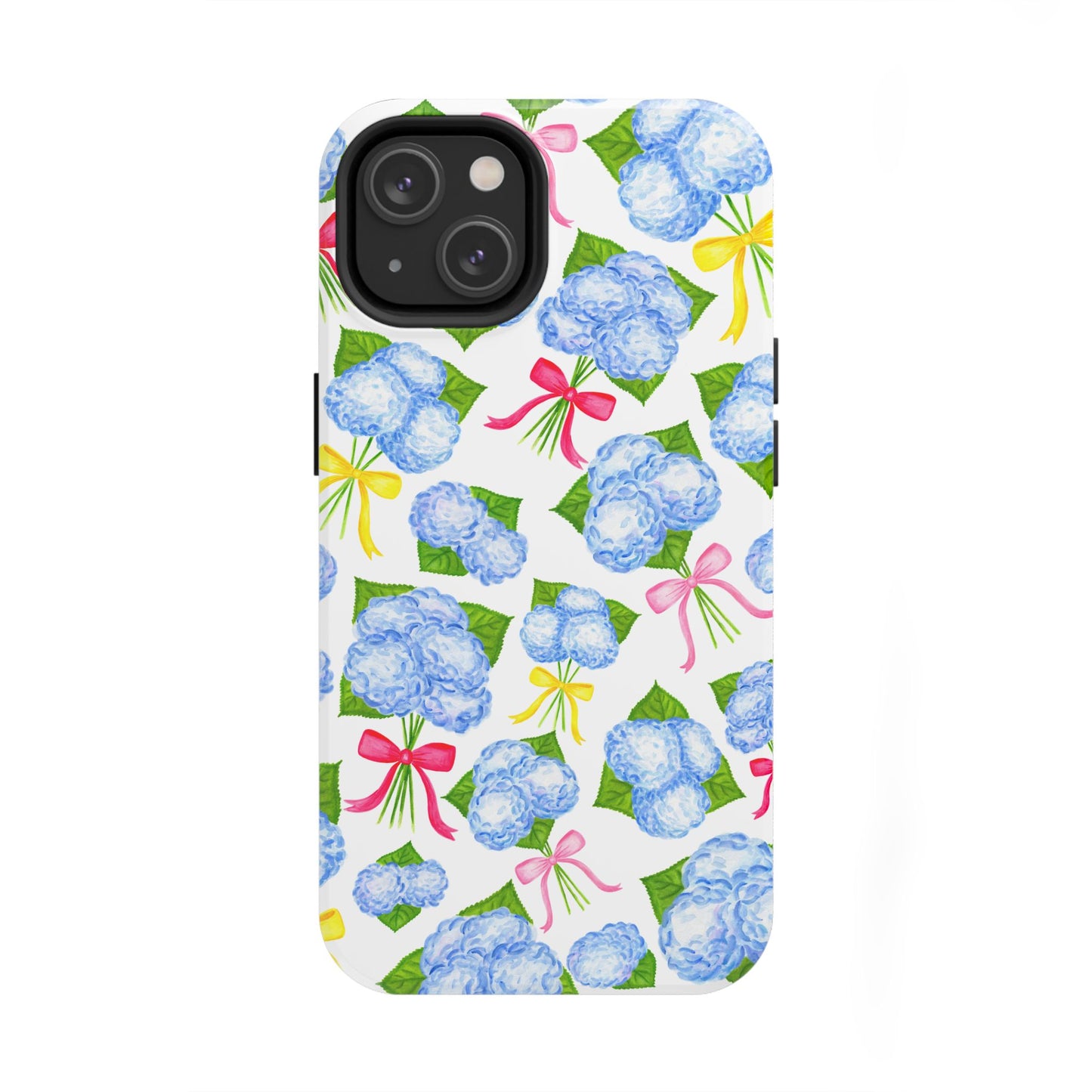 Blue Watercolor Hydrangea Bunches with Hot Pink, Yellow, Light Pink Bows Illustrated Patterned Tough Phone Case | Various Models
