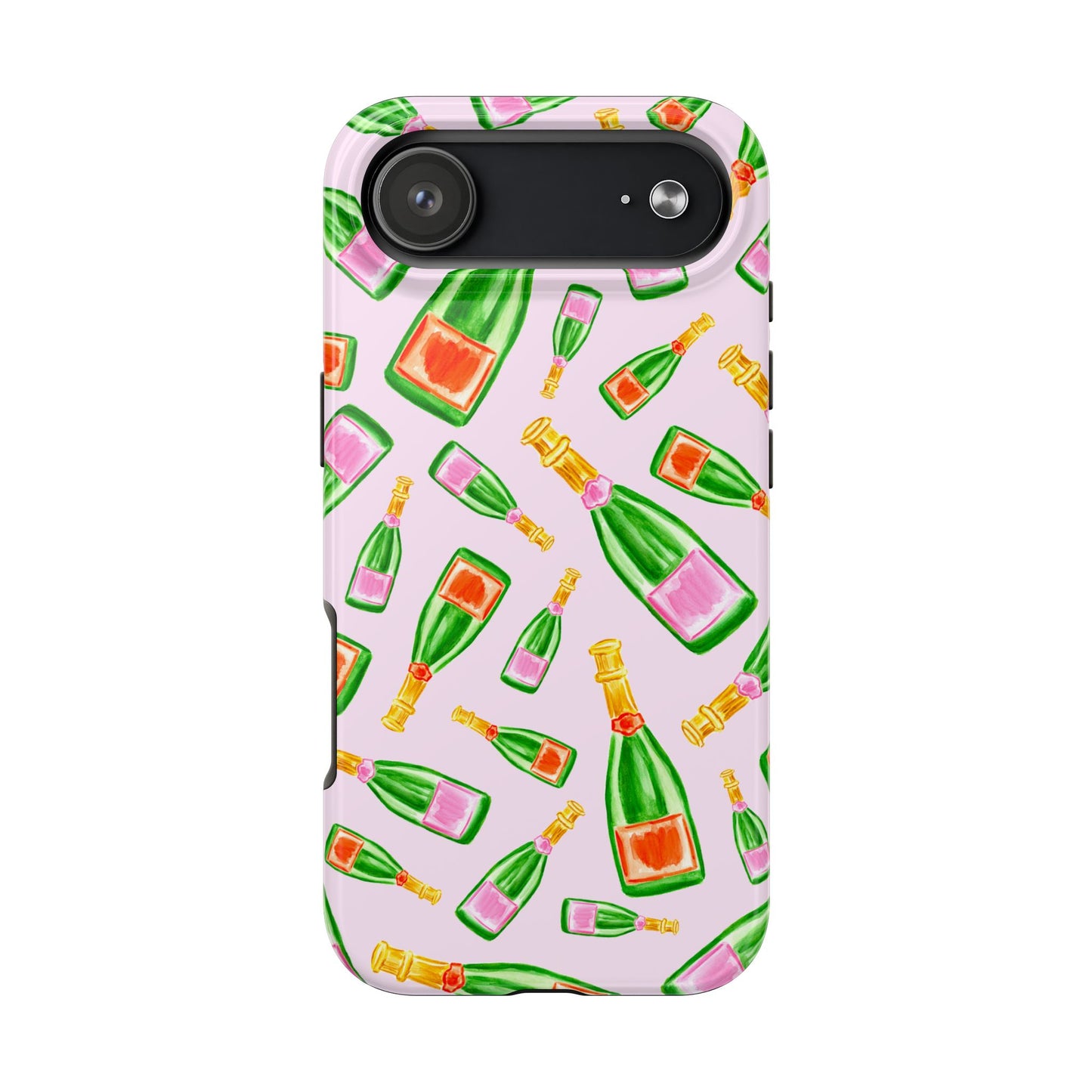 Tossed Pink and Green & Orange and Green Watercolor Illustrated Champagne Bottles Pattern Blush Pink Tough Phone Case | Various Models