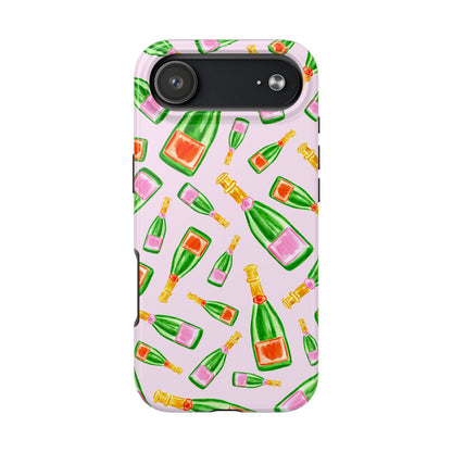 Tossed Pink and Green & Orange and Green Watercolor Illustrated Champagne Bottles Pattern Blush Pink Tough Phone Case | Various Models