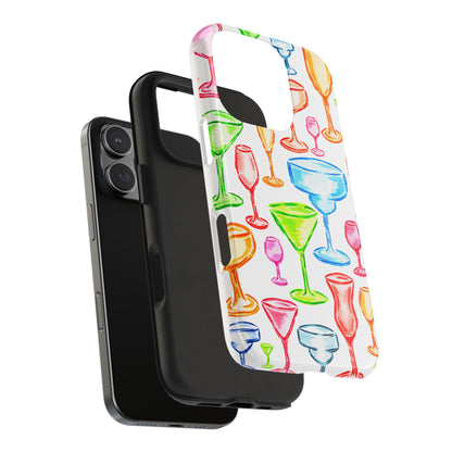 Monochromatic Margarita, Wine, Martini, and Champagne Flute Cocktail Glasses Watercolor Illustrated Tough Phone Case | Various Models Available