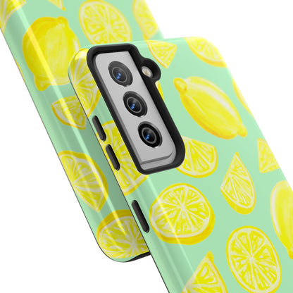 Bright Yellow Lemons Watercolor Illustrated Tossed Pattern Mint Green Tough Phone Case | Various Models