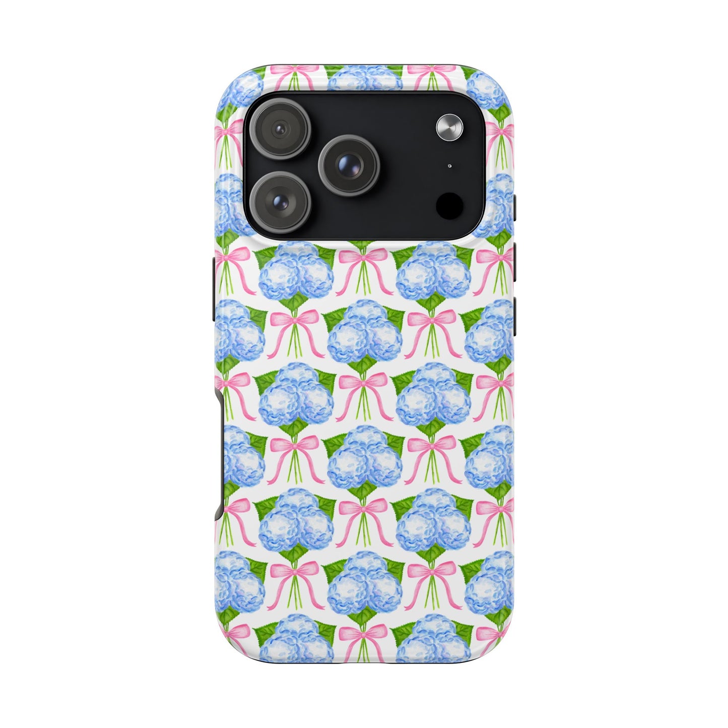 Blue Watercolor Hydrangea Bouqets with Light Pink Bows Watercolor Illustrated Patterned Tough Phone Case | Various Models