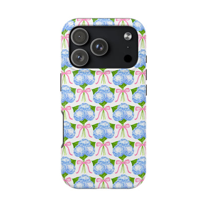 Blue Watercolor Hydrangea Bouqets with Light Pink Bows Watercolor Illustrated Patterned Tough Phone Case | Various Models