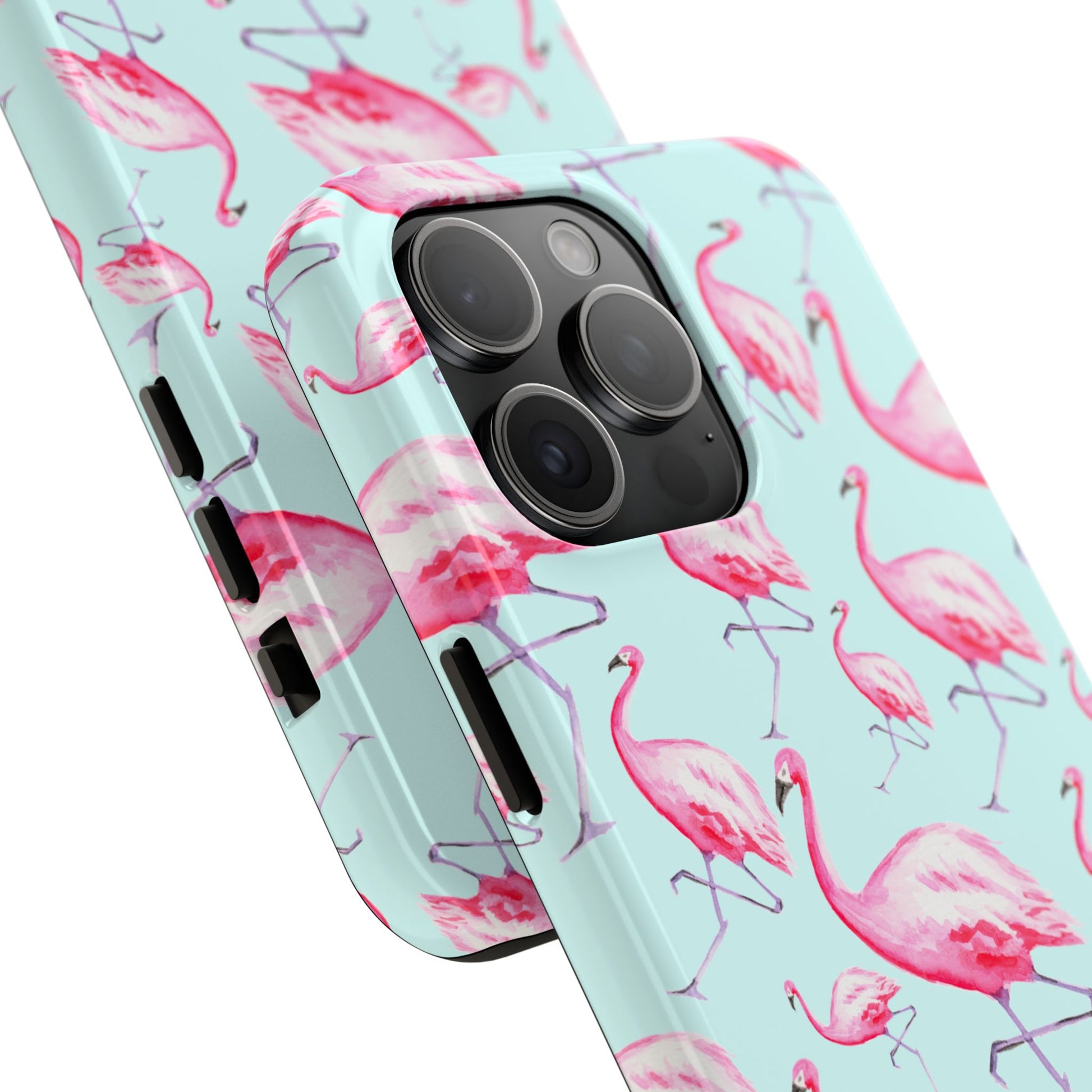 Pink Flamingos Watercolor Illustrated Tossed Pattern Blue Phone Case | Various Models