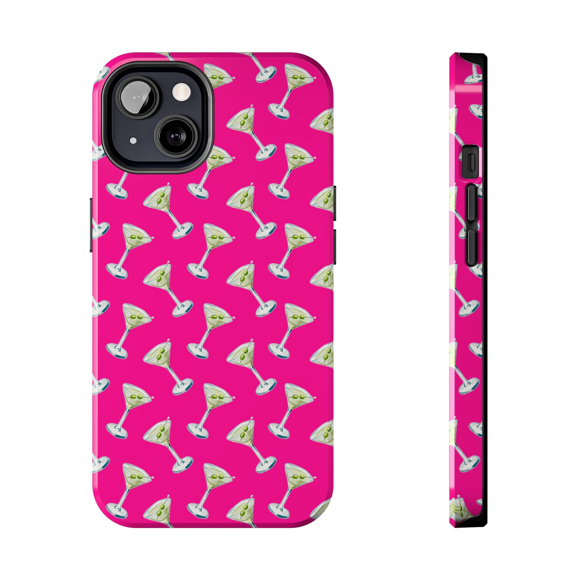 Hot Pink Mini Martini Watercolor Illustrated Tossed Pattern Tough Phone Case | Various Models Available iPhone 13