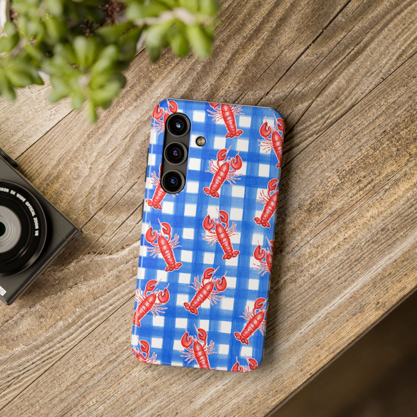Blue Gingham Red Lobster Watercolor Patterned Phone Case | Various Models