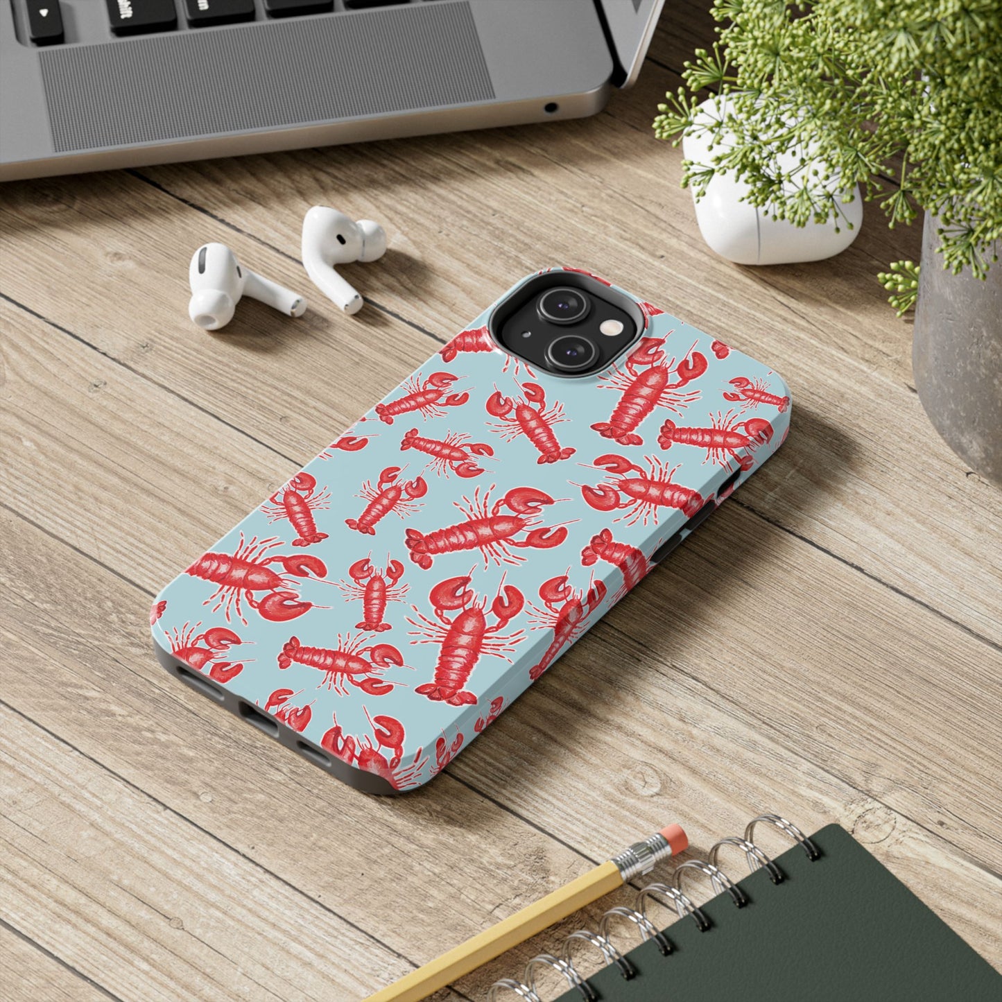 Red Lobster Watercolor Illustrated Tossed Pattern Light Blue Tough Phone Case | Various Models