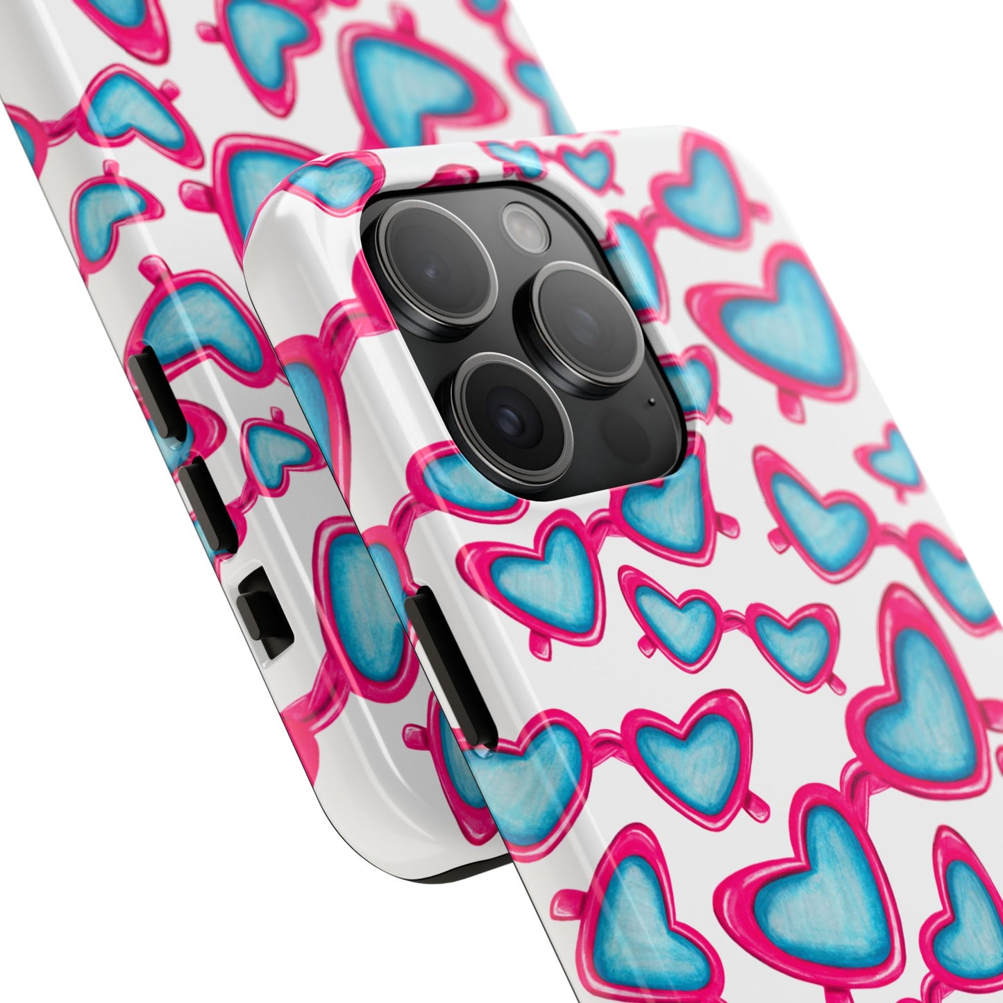 Pink & Blue Heart Shaped Sunglasses Watercolor Illustrated Tossed Pattern Tough Case | Various Models