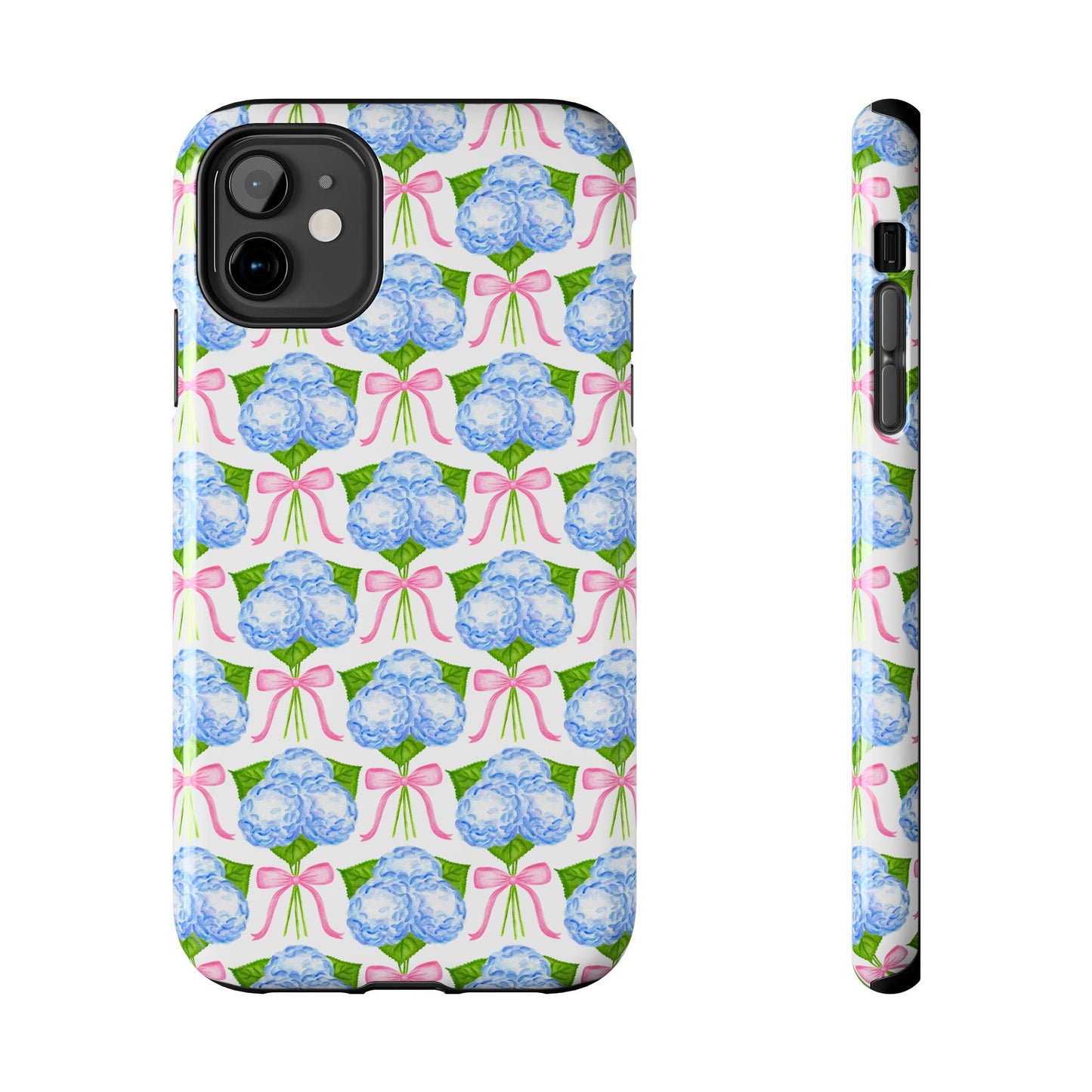 Blue Watercolor Hydrangea Bouqets with Light Pink Bows Watercolor Illustrated Patterned Tough Phone Case | Various Models