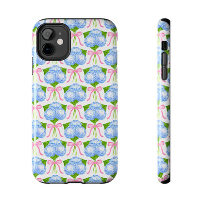 Blue Watercolor Hydrangea Bouqets with Light Pink Bows Watercolor Illustrated Patterned Tough Phone Case | Various Models