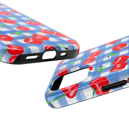 Tossed Red Watercolor Illustrated Cherries Light Blue Gingham Tough Phone Case | Various Models