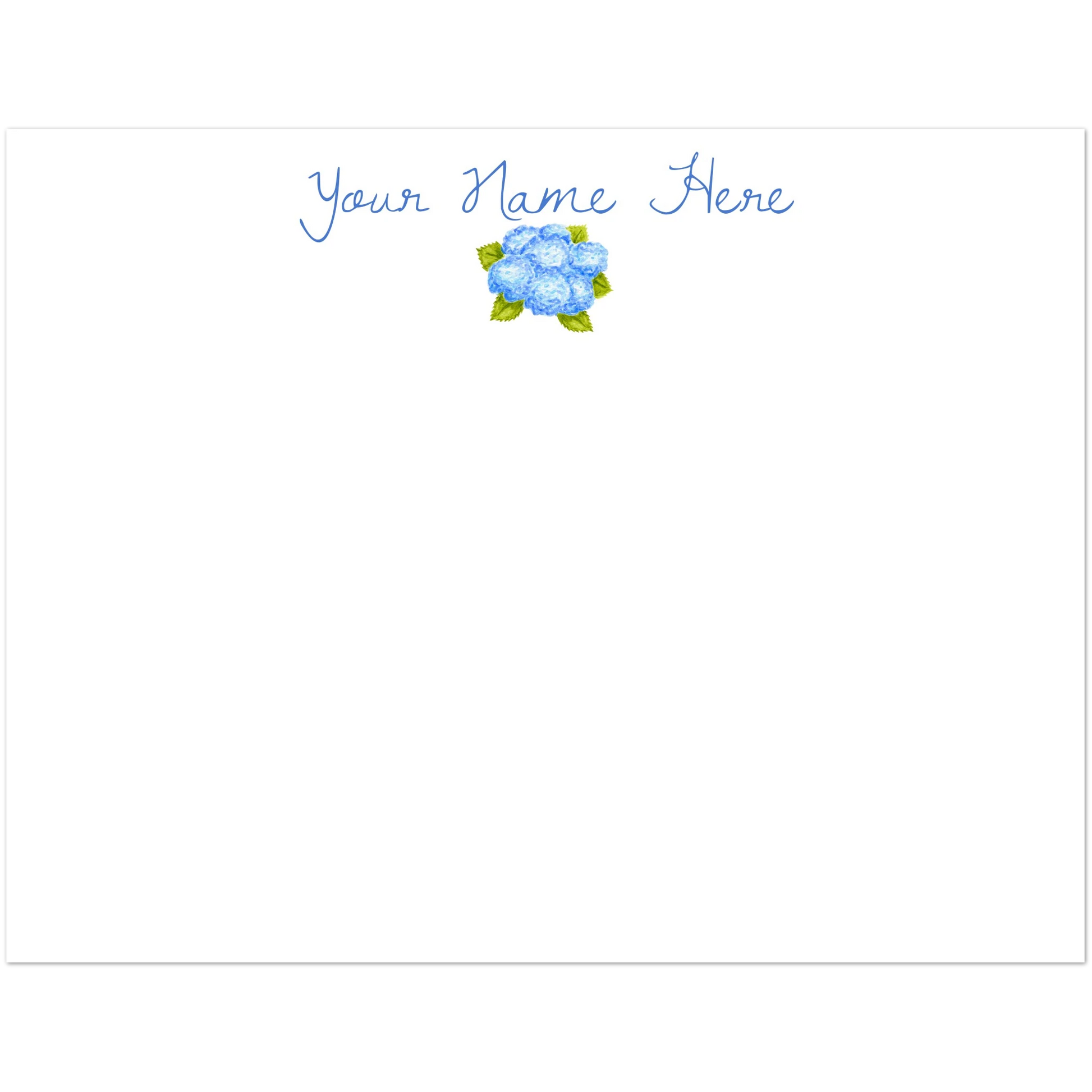 Personalized Blue Bunch of Hydrangeas Watercolor Illustrated Flat Note Cards & Envelopes | Set of 10 | 2 Sizes