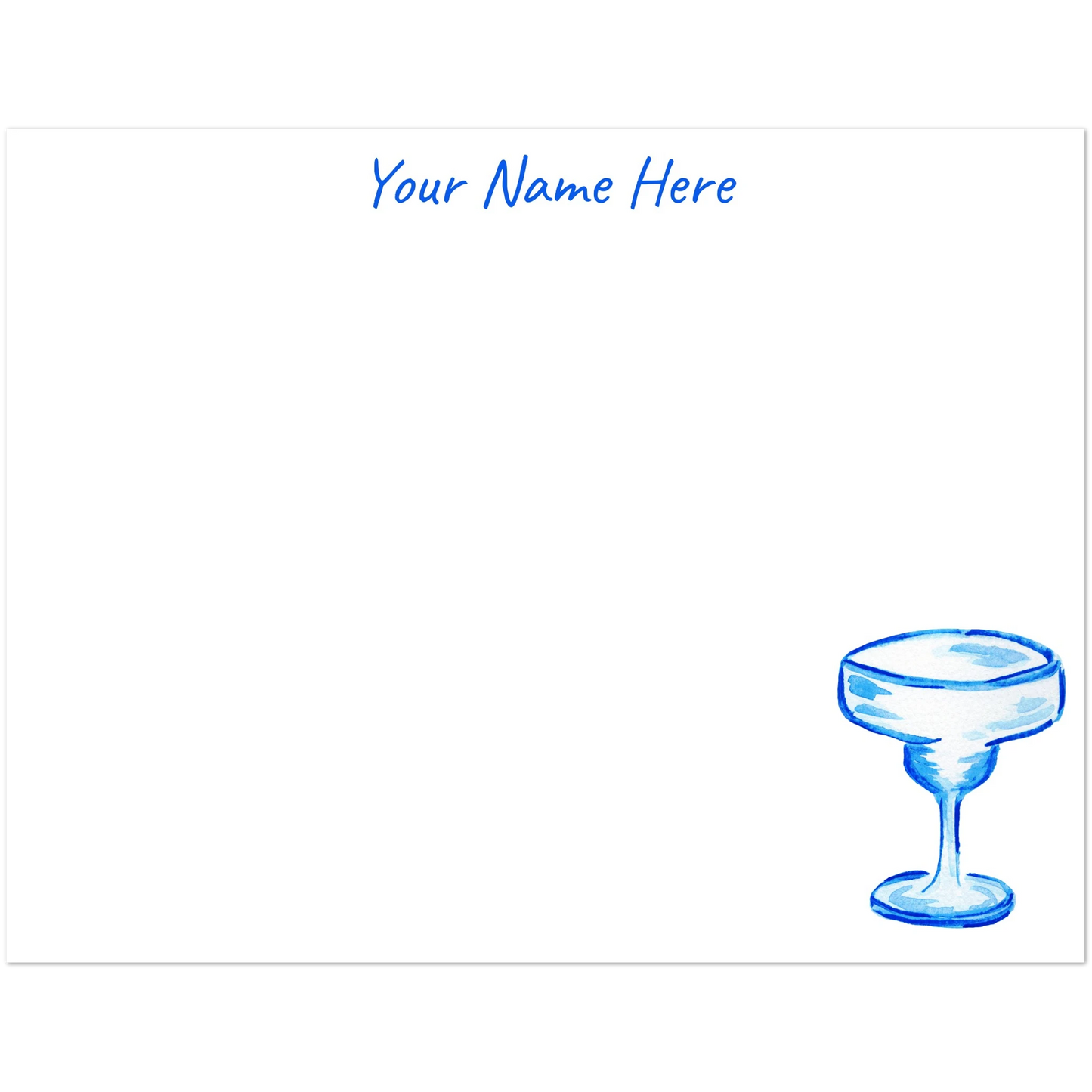 Personalized Blue Margarita Glass Watercolor Illustrated Flat Notecards | Set of 10 Cards & Envelopes | 2 Sizes | 3 Colors 4.25x5.5″ (SM) Bright Blue