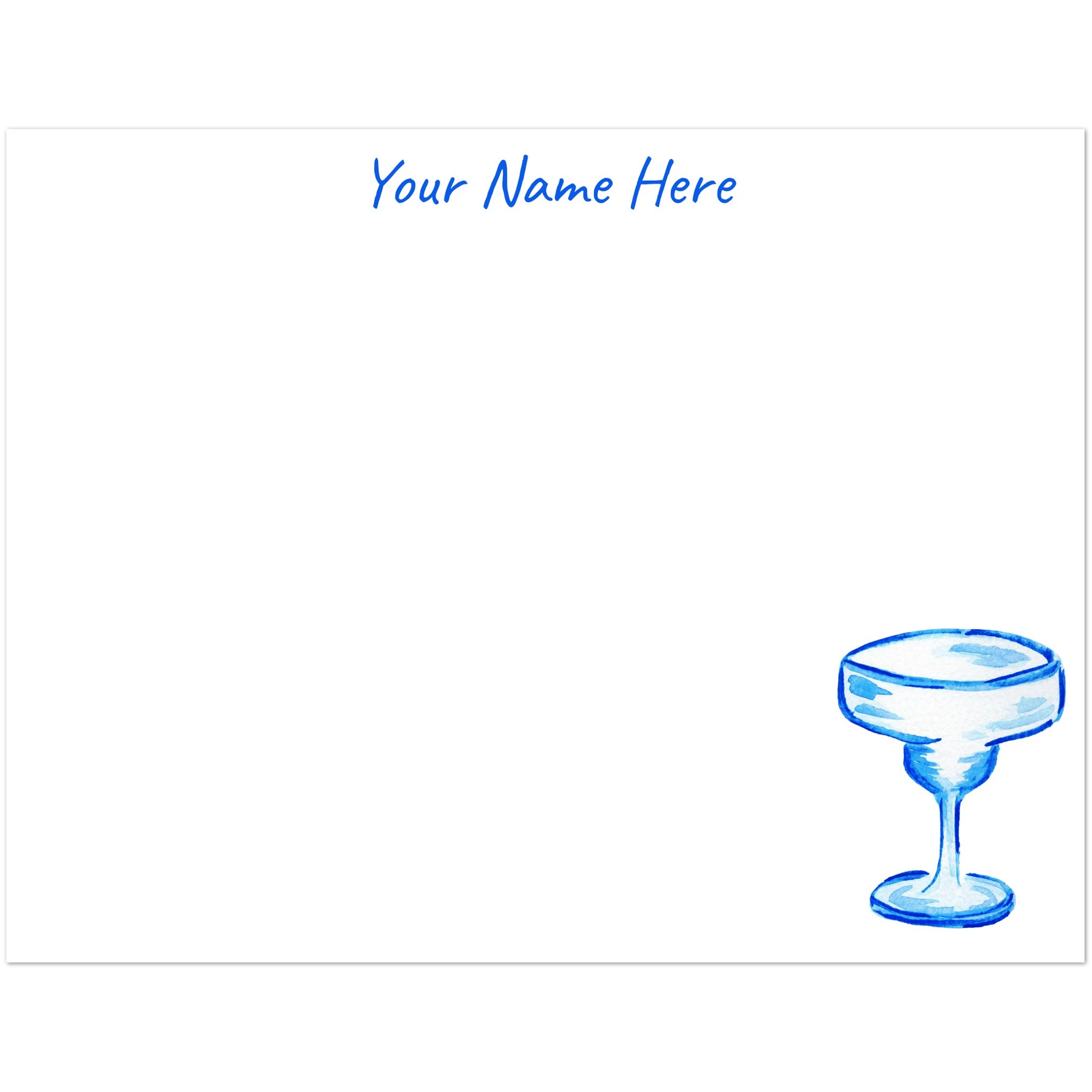 Personalized Blue Margarita Glass Watercolor Illustrated Flat Notecards | Set of 10 Cards & Envelopes | 2 Sizes | 3 Colors 4.25x5.5″ (SM) Bright Blue