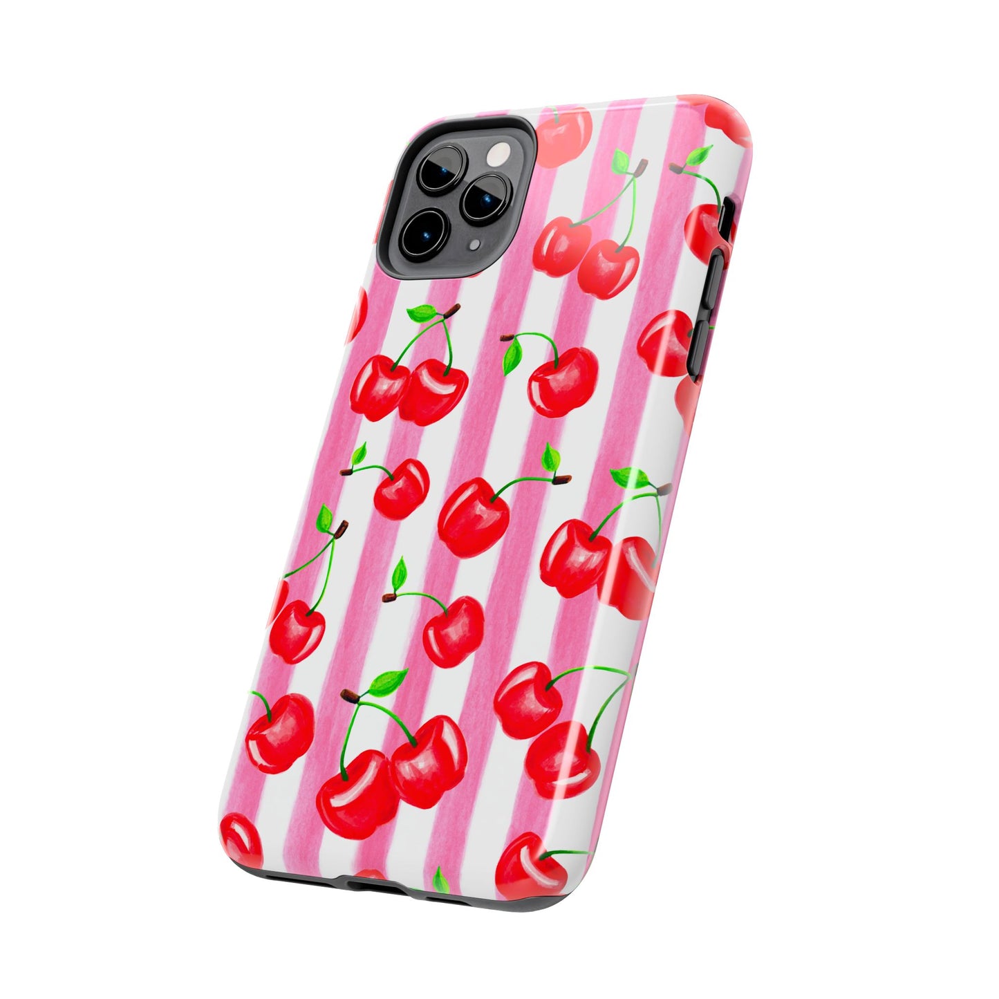 Tossed Red Watercolor Cherries Illustrated Pattern Light Pink Stripes Tough Phone Case | Various Models