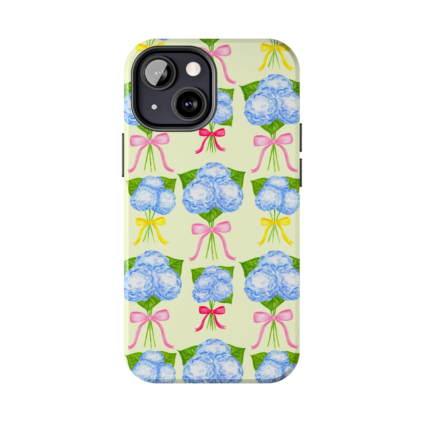 Blue Hydrangeas with Hot Pink, Yellow, Light Pink Bows Watercolor Illustrated Patterned Light Yellow Tough Phone Case | Various Models