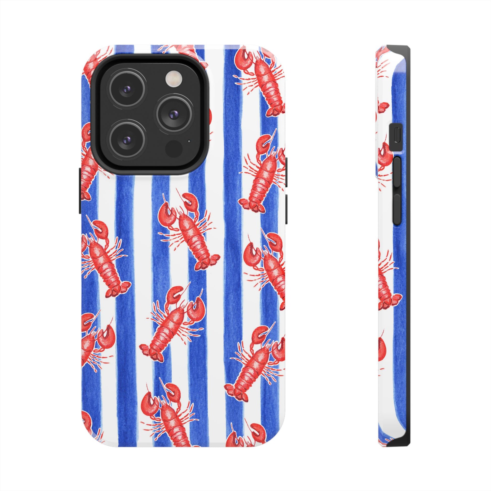 Blue & White Strip Red Lobster Watercolor Patterned Phone Case | Various Models iPhone 14 Pro