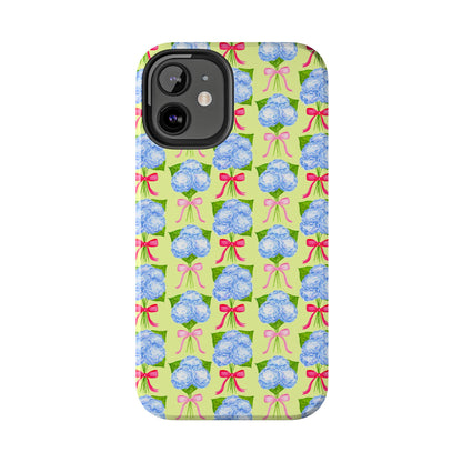 Watercolor Blue Hydrangea Bouquets with Hot Pink and Light Pink Bow Ribbons Illustrated Pattern Yellow Tough Phone Case | Various Models