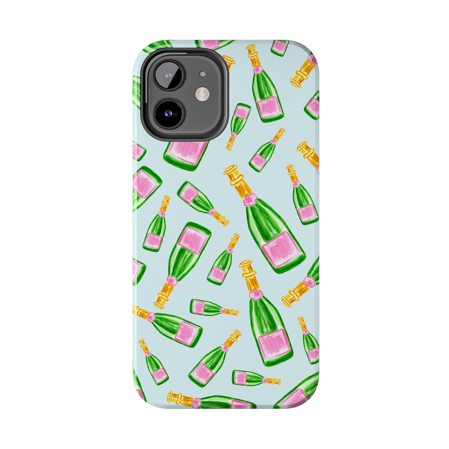 Tossed Pink and Green Watercolor Illustrated Champagne Bottles Pattern Light Blue Tough Phone Case | Various Models