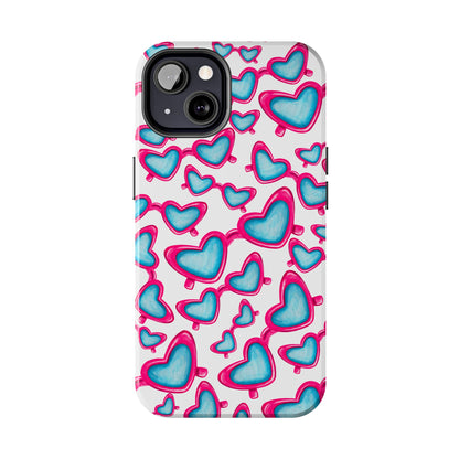 Pink & Blue Heart Shaped Sunglasses Watercolor Illustrated Tossed Pattern Tough Case | Various Models