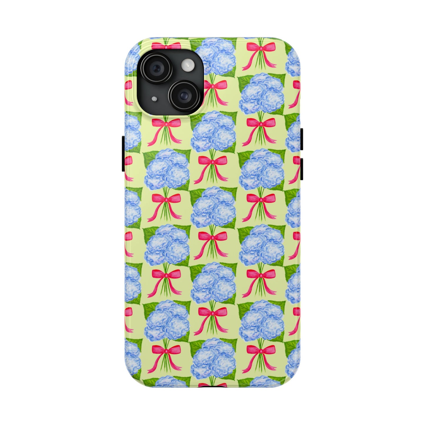 Blue Watercolor Hydrangea Bouquets with Hot Pink Bows Illustrated Patterned Yellow Preppy Grand Millenial Tough Phone Case | Various Models