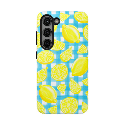 Bright Yellow Lemons Watercolor Illustrated Tossed Pattern Turquoise Gingham Tough Phone Case | Various Models