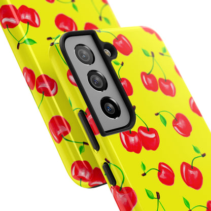 Tossed Red Watercolor Cherries Illustrated Pattern Bright Yellow Tough Phone Case | Various Models
