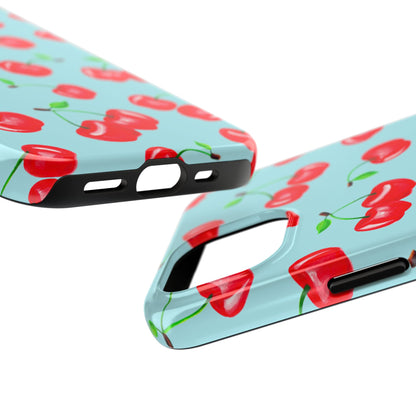 Tossed Red Watercolor Cherries Illustrated Pattern Bright Blue Tough Phone Case | Various Models