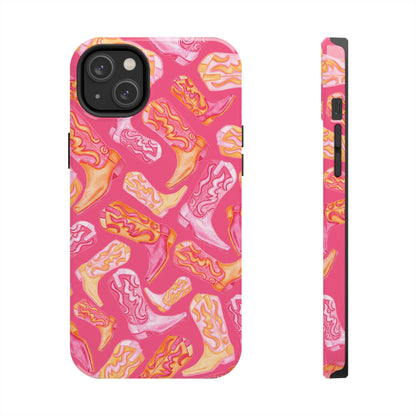 Tossed Hot Pink & Orange Watercolor Cowboy Boots Hot Pink Tough Phone Cases | Various Models iPhone 14 Plus