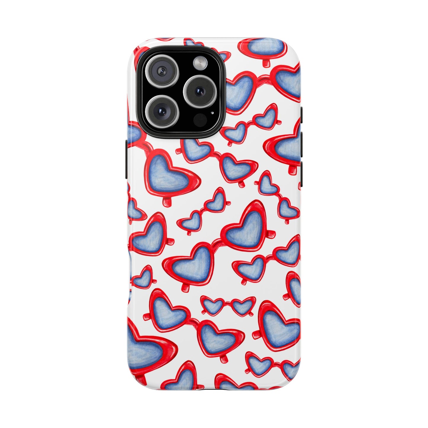Red, White, & Blue Heart Shaped Watercolor Sunglasses Tossed Pattern Tough Phone Cases iPhone 16 Pro Max