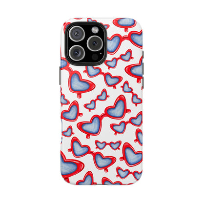 Red, White, & Blue Heart Shaped Watercolor Sunglasses Tossed Pattern Tough Phone Cases iPhone 16 Pro Max