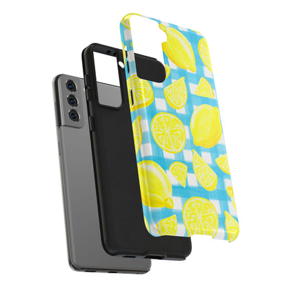 Yellow Lemons & Turquoise Gingham Watercolor Illustrated Tough Phone Case | Various Models Available
