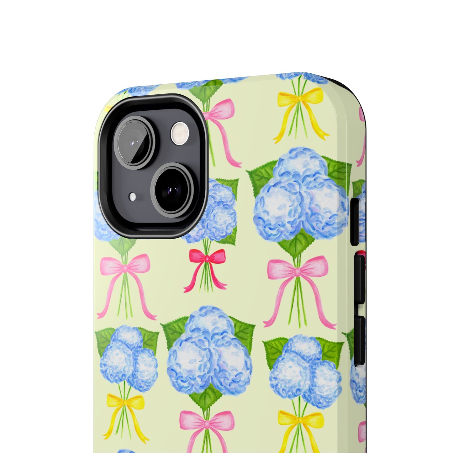 Blue Hydrangeas with Hot Pink, Yellow, Light Pink Bows Watercolor Illustrated Patterned Light Yellow Tough Phone Case | Various Models