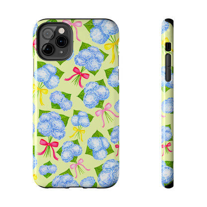 Blue Watercolor Hydrangea Bunches with Hot Pink, Yellow, Light Pink Bows Illustrated Patterned Yellow Tough Phone Case | Various Models