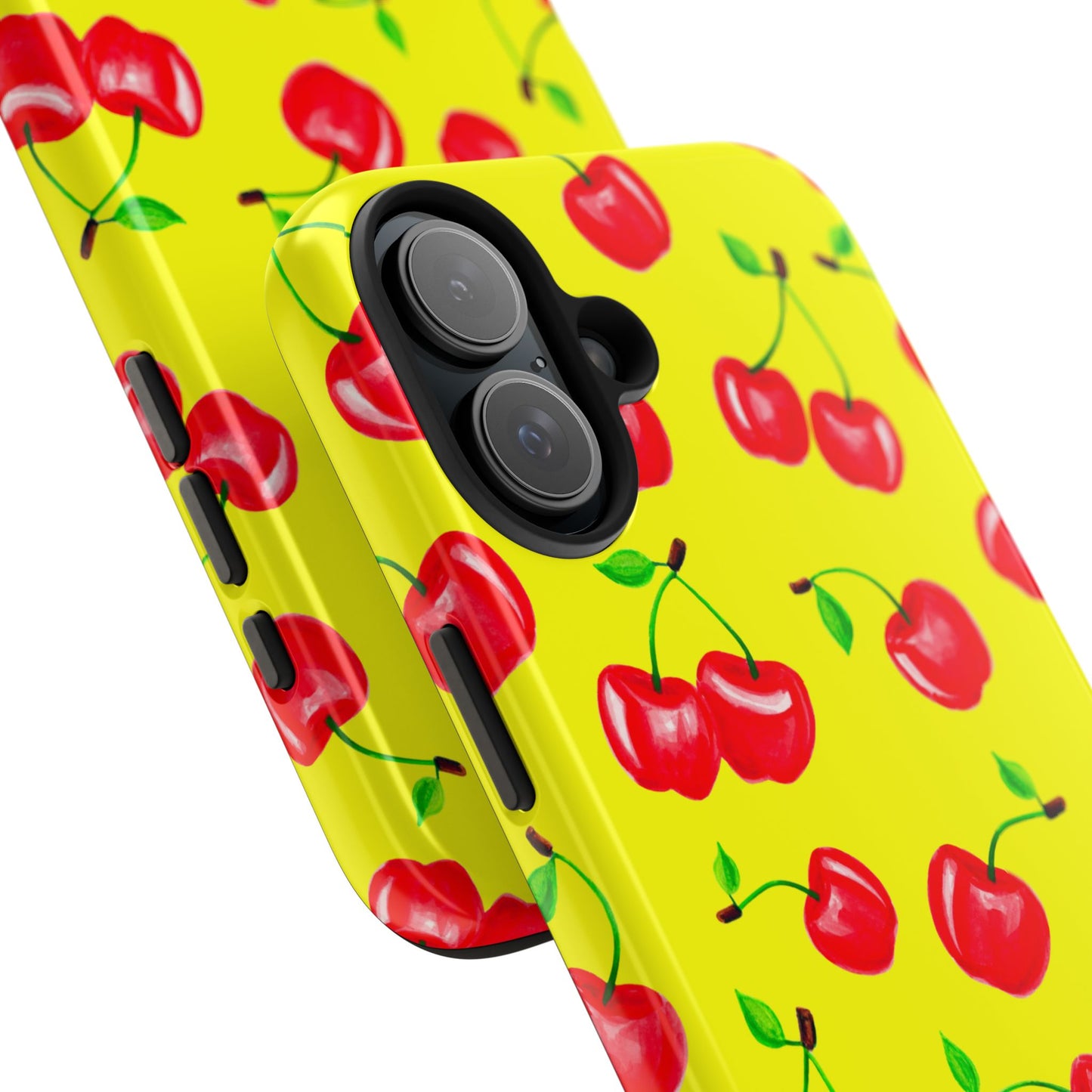 Tossed Red Watercolor Cherries Illustrated Pattern Bright Yellow Tough Phone Case | Various Models