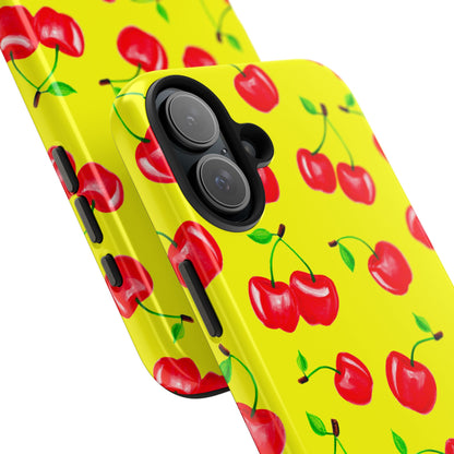 Tossed Red Watercolor Cherries Illustrated Pattern Bright Yellow Tough Phone Case | Various Models