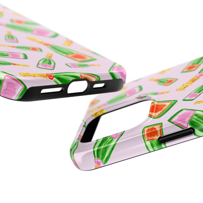 Tossed Pink and Green & Orange and Green Watercolor Illustrated Champagne Bottles Pattern Blush Pink Tough Phone Case | Various Models