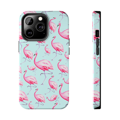 Pink Flamingos Watercolor Illustrated Tossed Pattern Blue Phone Case | Various Models iPhone 13 Pro