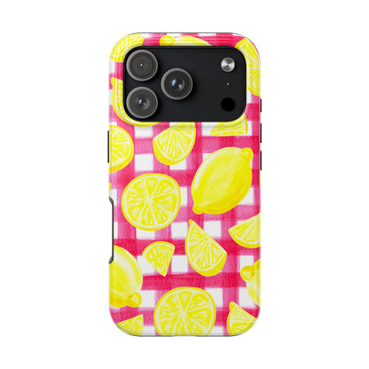 Yellow Lemons & Hot Pink Gingham Watercolor Illustrated Tough Phone Case | Various Models Available
